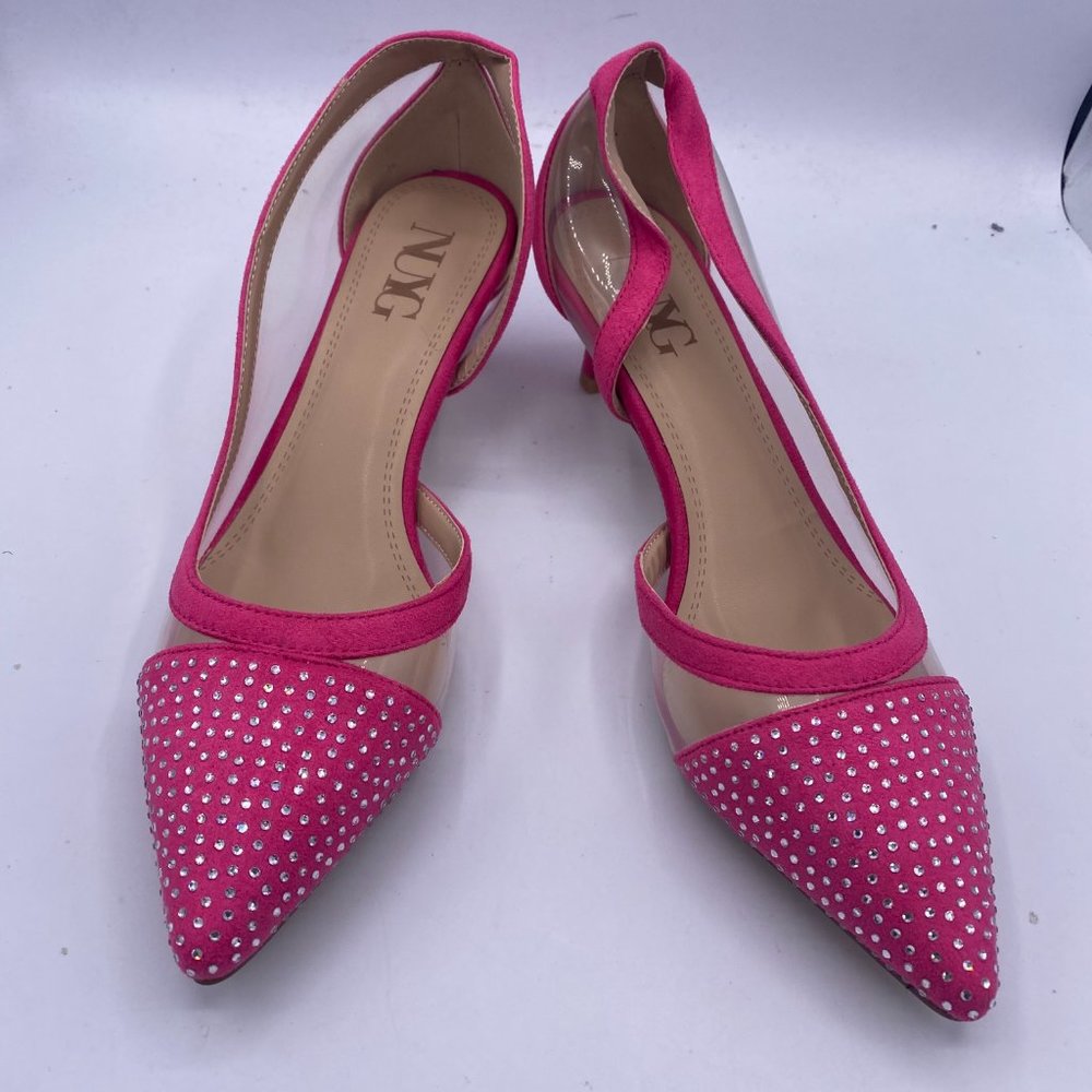 A NUYG pink pointy toe rhinestone kitten low heels pumps